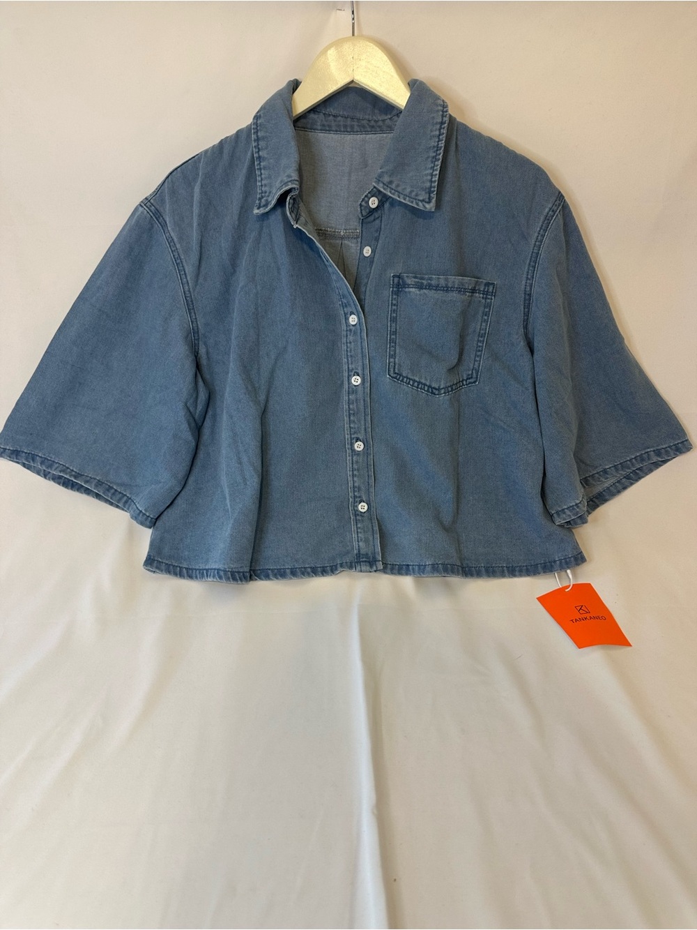 Washed Blue Cropped Denim Button-Up Top